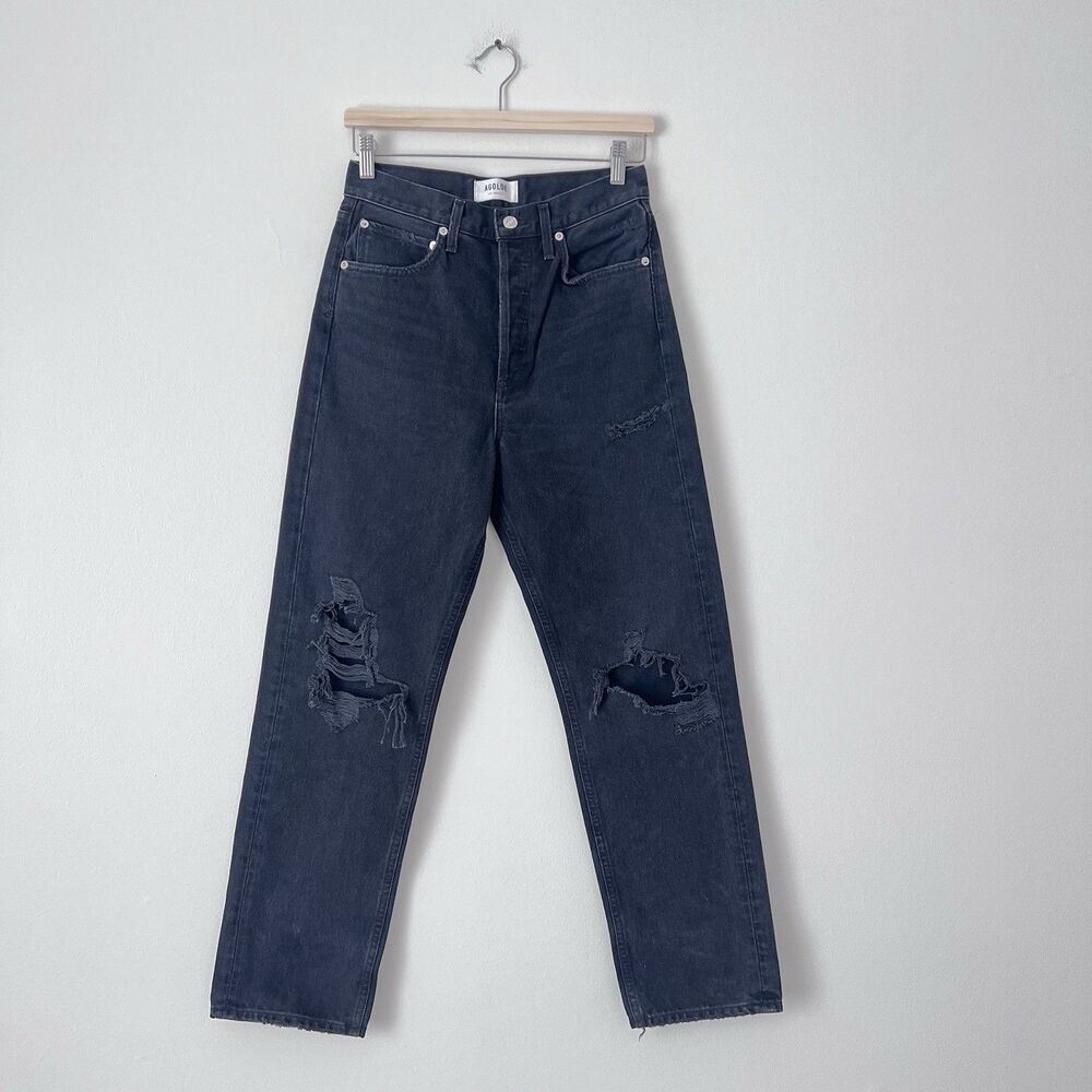 AGOLDE 90’s High Rise Straight Legs Jeans Size 25 Black Wash Distressed - Picture 2 of 9